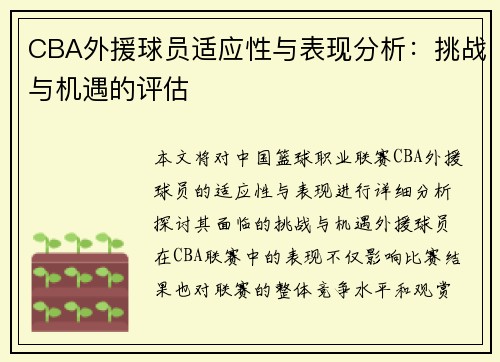 CBA外援球员适应性与表现分析：挑战与机遇的评估